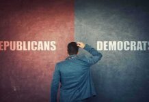Person choosing between Republicans and Democrats