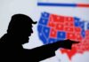 Silhouette pointing at a U.S. electoral map.