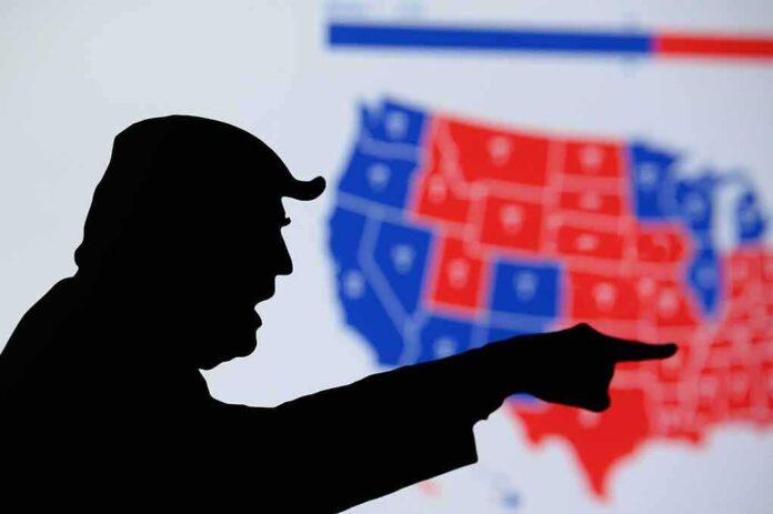 Silhouette pointing at a U.S. electoral map.