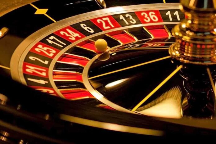 Close-up of roulette wheel with spinning ball