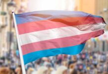 Transgender pride flag waving at outdoor event