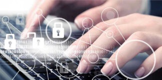 Hands typing with cybersecurity icons overlay.