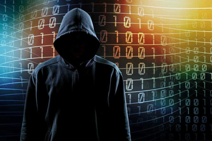 Hooded figure with binary code background