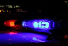 Close up of police lights flashing in blue and red at night
