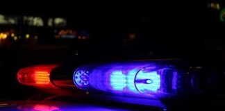 Close up of police lights flashing in blue and red at night