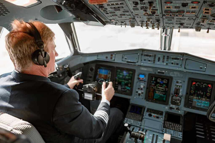 Pilot in cockpit operating airplane controls.