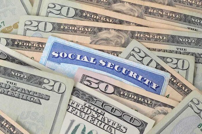 A social security card placed among various denominations of US currency