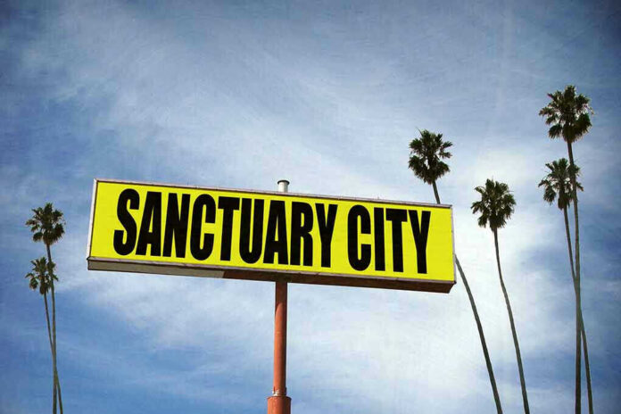 Sanctuary City sign with palm trees and sky