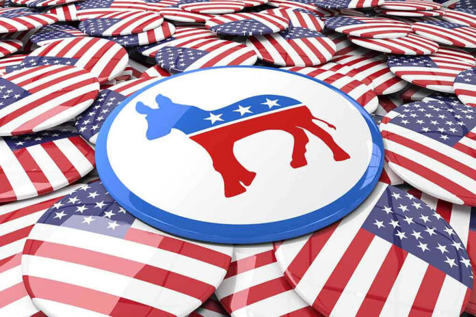 Political buttons with American flags and donkey symbol