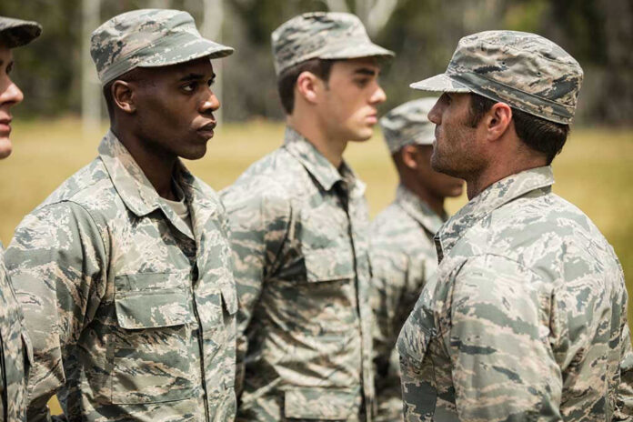 Military personnel standing in line outside during inspection