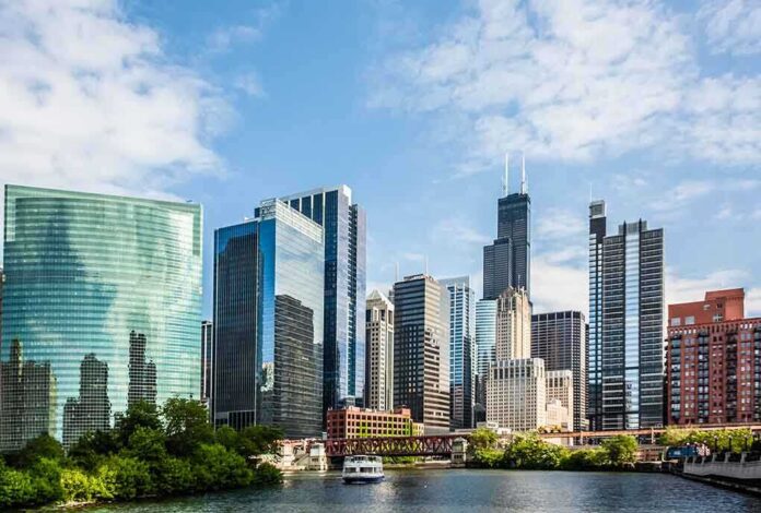 shutterstock_125245661.jpg Chicago skyline featuring modern skyscrapers along a river