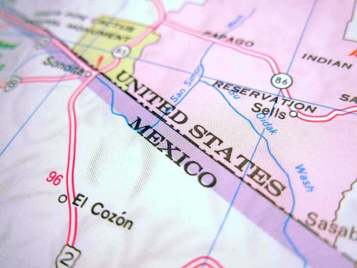 Close up of a map showing the United States and Mexico border
