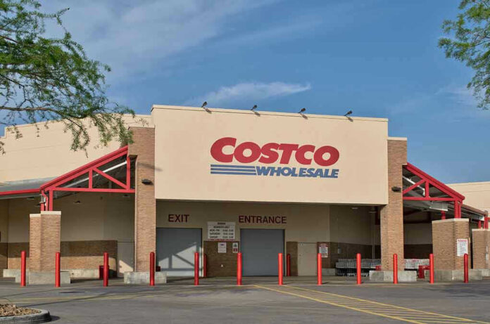 Costco Wholesale store front with entrance and exit.