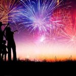 Silhouetted figures watching a colorful fireworks display against a twilight sky