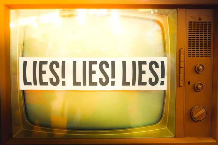 A vintage television displaying the words LIES! LIES! LIES!