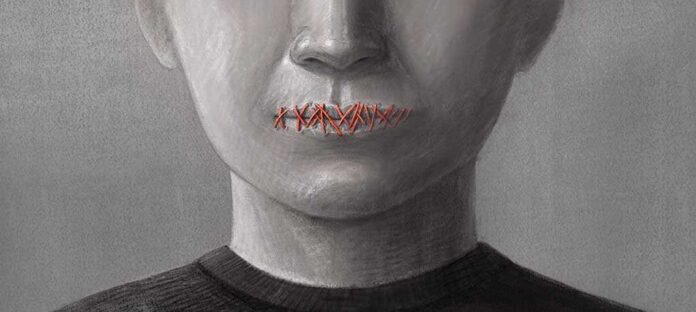 A human figure with stitched lips, symbolizing silence or repression