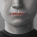 Face with mouth sewn shut in red thread