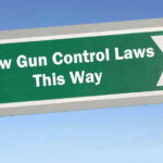 Sign: New Gun Control Laws This Way with arrow.