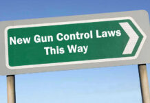 Sign: New Gun Control Laws This Way with arrow.