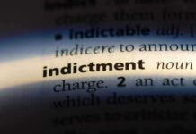 Close-up of a dictionary page showing the definition of 'indictment'