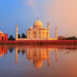 The Taj Mahal reflecting in water during sunset
