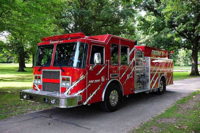 A red fire truck parked in a green park
