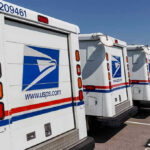 Row of USPS mail delivery trucks parked.