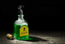 Green poison bottle with cork on wooden surface.