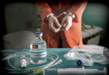 Vial labeled Sodium Thiopental near handcuffed person.