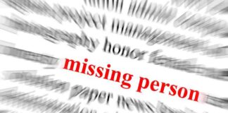 Text graphic highlighting missing person in red among blurred words