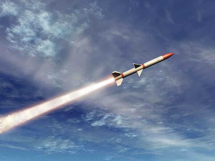 A missile ascending into the sky with a trail of smoke