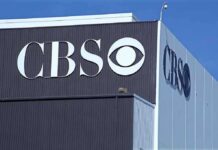 Exterior view of the CBS building with its logo prominently displayed