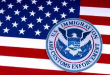 Legal Visitor, Fatal ICE Encounter U.S. immigration and customs enforcement seal on American flag