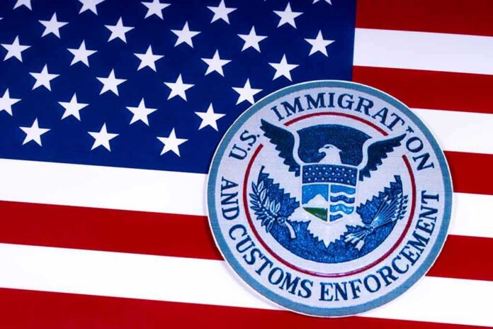 shutterstock_1055129180-2 U.S. immigration and customs enforcement seal on American flag