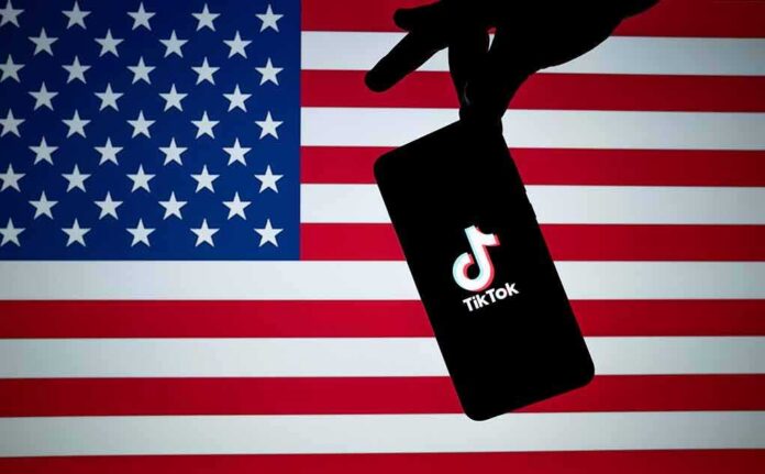 Smartphone with TikTok logo held against a US flag backdrop
