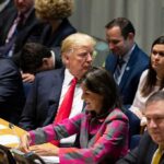 Trump’s ‘Fantastic’ Beijing Wins: Real or Illusion? Donald Trump seated between António Guterres and Nikki Haley, with Mike Pompeo in the foreground at a meeting