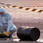 Toxic Time Bomb: Panic in California Hazmat worker kneeling near a fallen barrel at a cordoned-off site