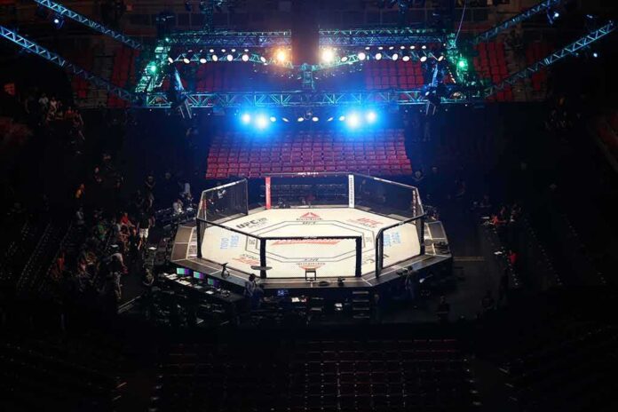 shutterstock_1840106065 MMA octagon cage under arena lights