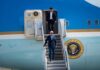 Trump Jets Back – Netanyahu Scraps Texas Joe Biden descends Air Force One stairs with aide following