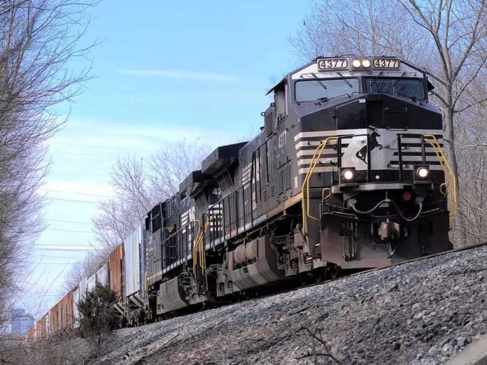 shutterstock_2131141745 Freight train locomotive on a wooded track
