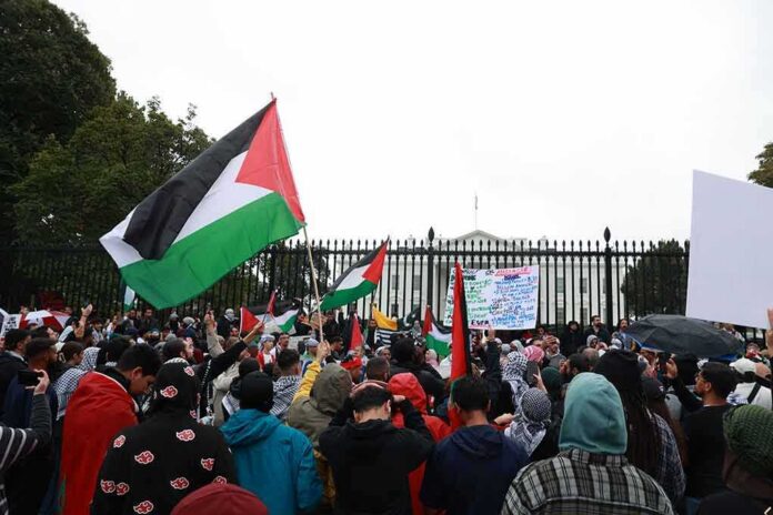 Crowd holding flags and signs outside a fenced government building