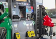 Dyed Diesel Hits Highways – Tax Lines Blurred Gas pump with green diesel and red gasoline nozzles