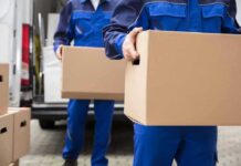 workers in blue uniforms carrying cardboard boxes from a van
