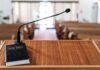 Podium with microphone and Bible in a church