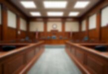 Pregnancy Attack Claim – Hill Denies, Jury Waits Empty courtroom with wooden benches and judge's bench