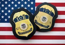 506 U.S. Citizens Detained in U.S. Immigration Roundup ICE badges on an American flag background