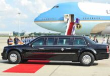 Pop Star Power Play Aboard Air Force One Presidential limousine beside a large blue-and-white jet on a runway