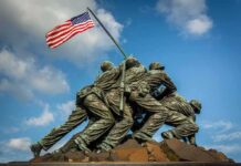 Marine Corps War Memorial with soldiers raising a U.S. flag